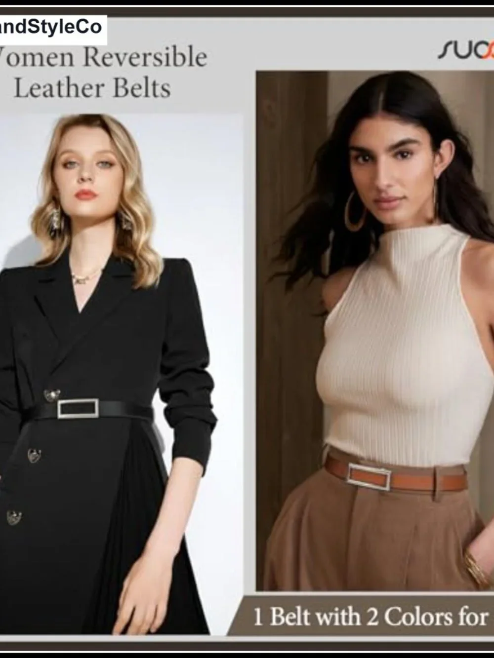 Reversible Faux Leather Belt with Gold Buckle for Women